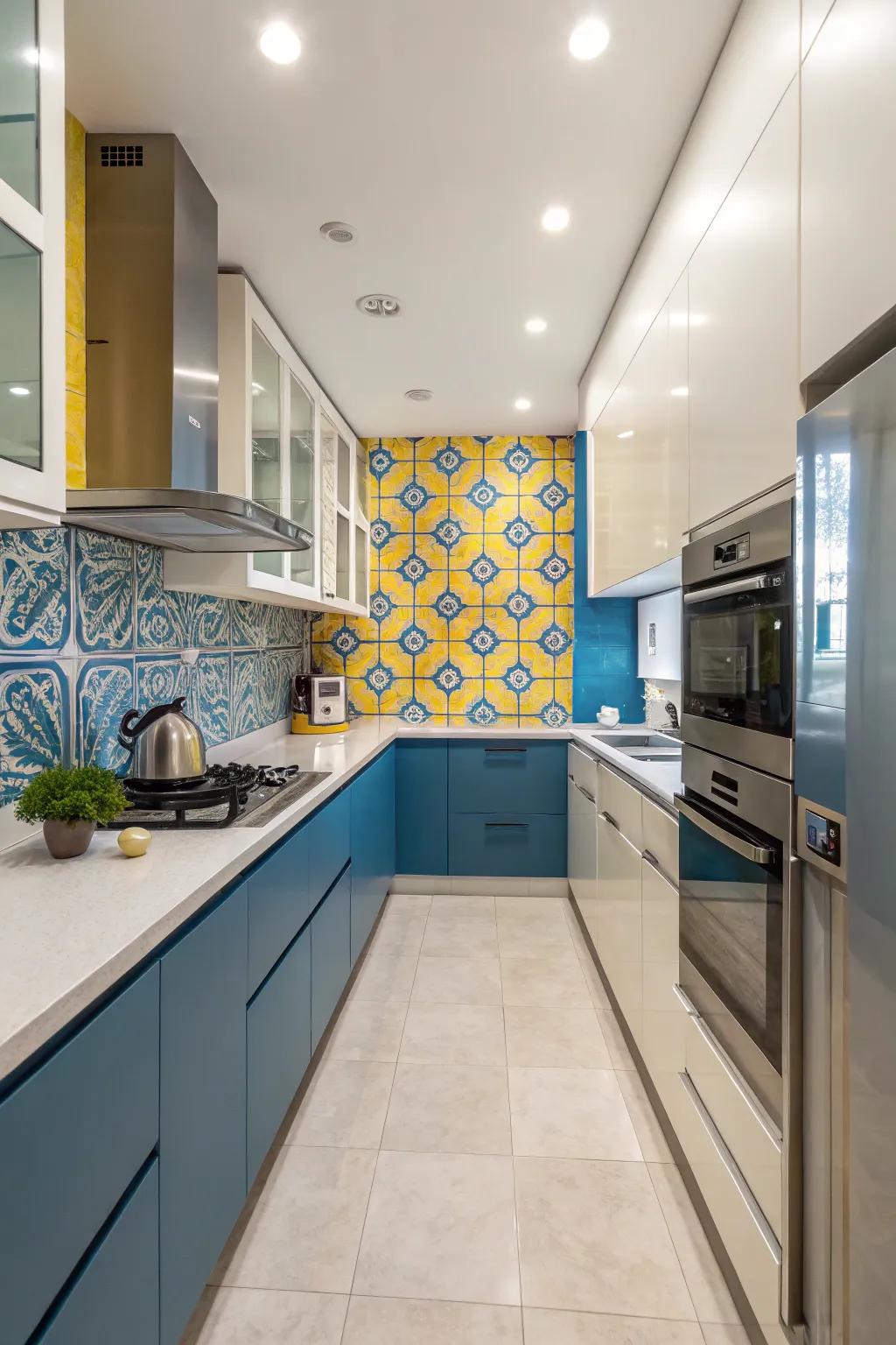A culinary space showcasing an azure and gold paneling for a fashionable aesthetic.