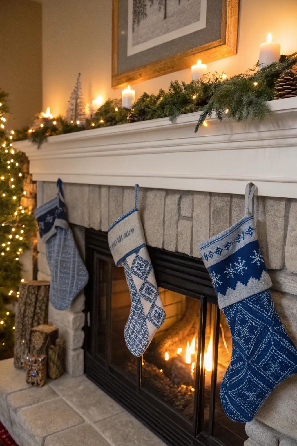 Azure and silver stockings bring a cohesive touch to holiday decor.
