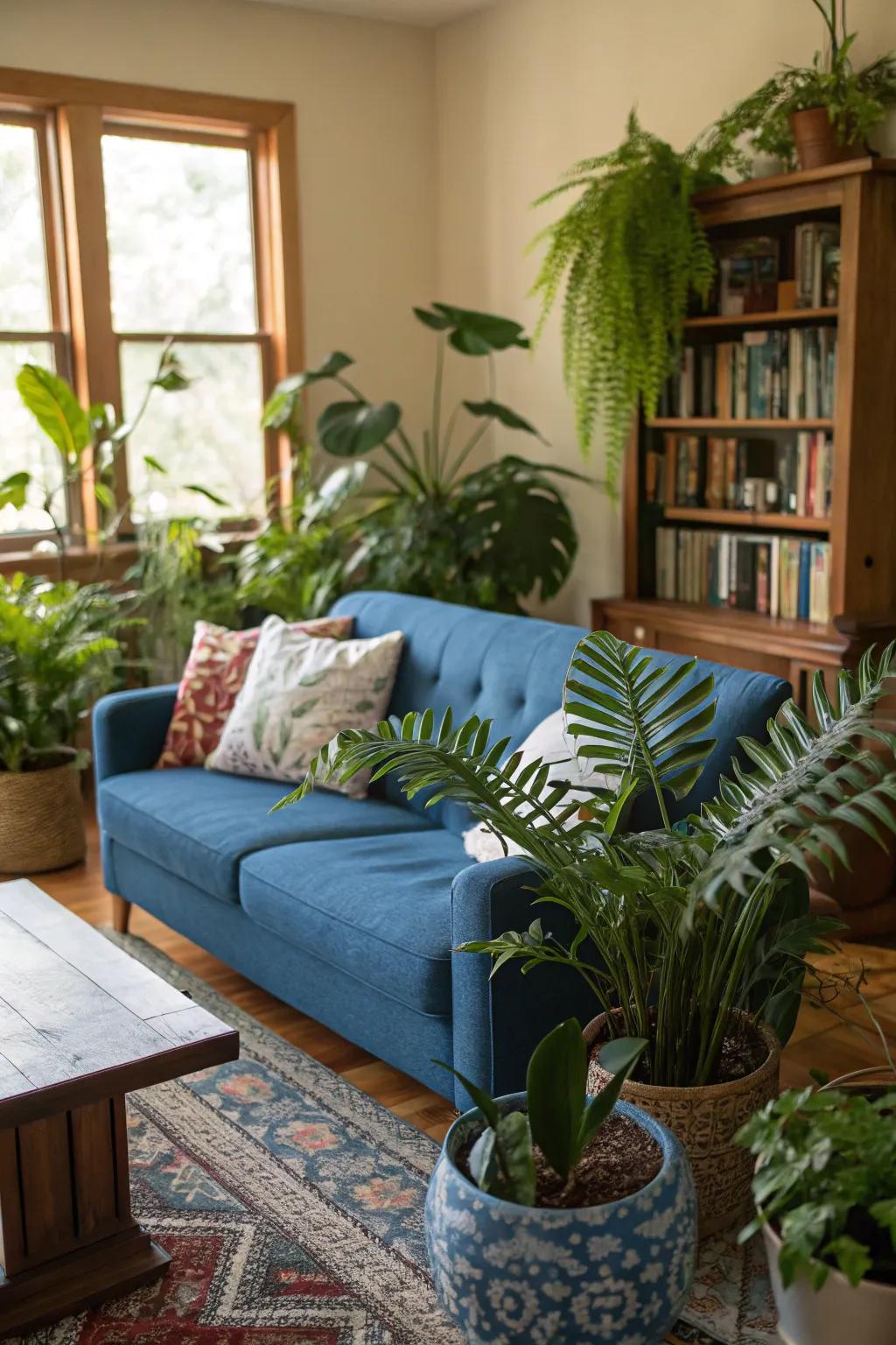 Interior greenery complements the sapphire settee in a revitalizing manner.