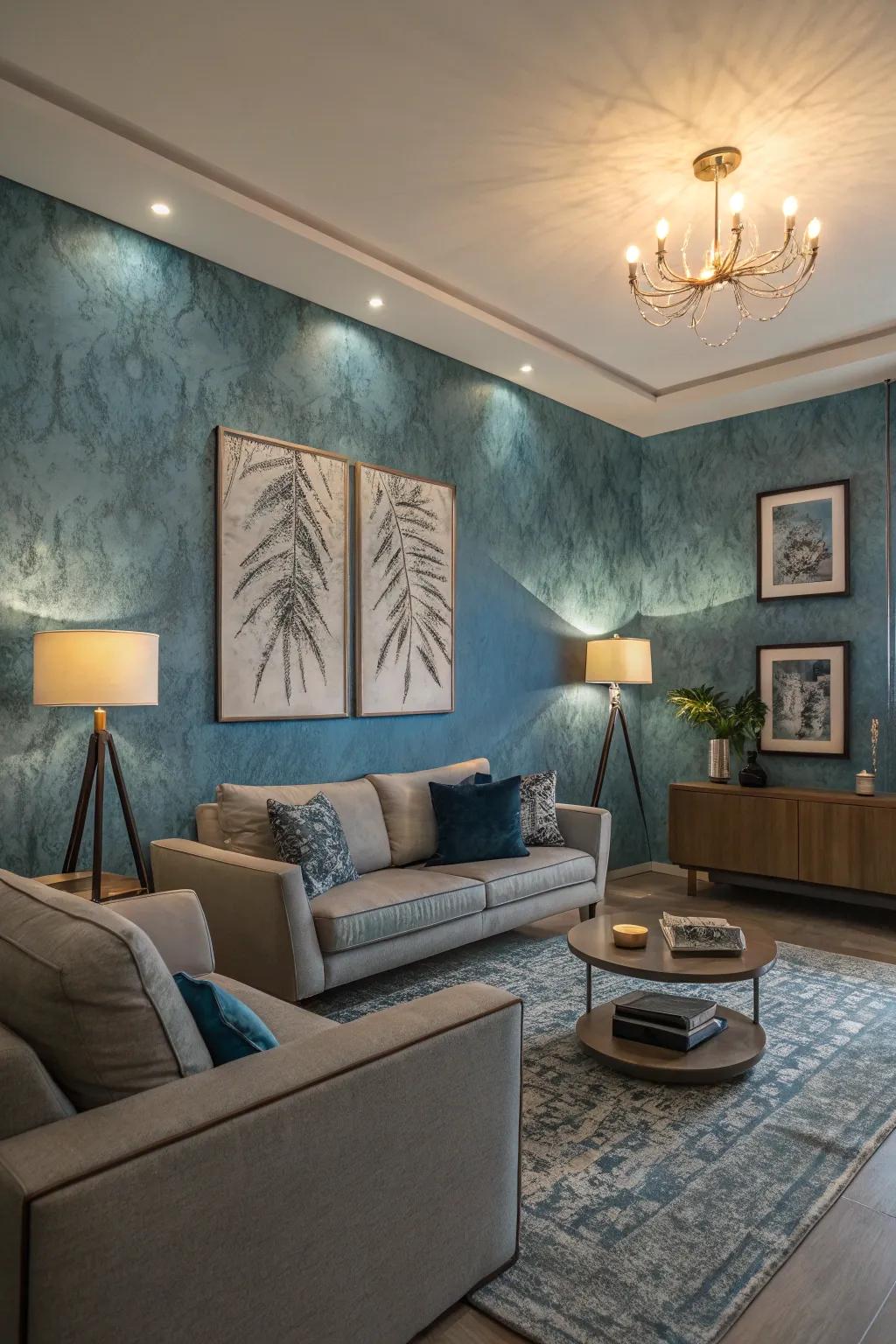 Blue textured walls contribute depth and interest to this chic living room.