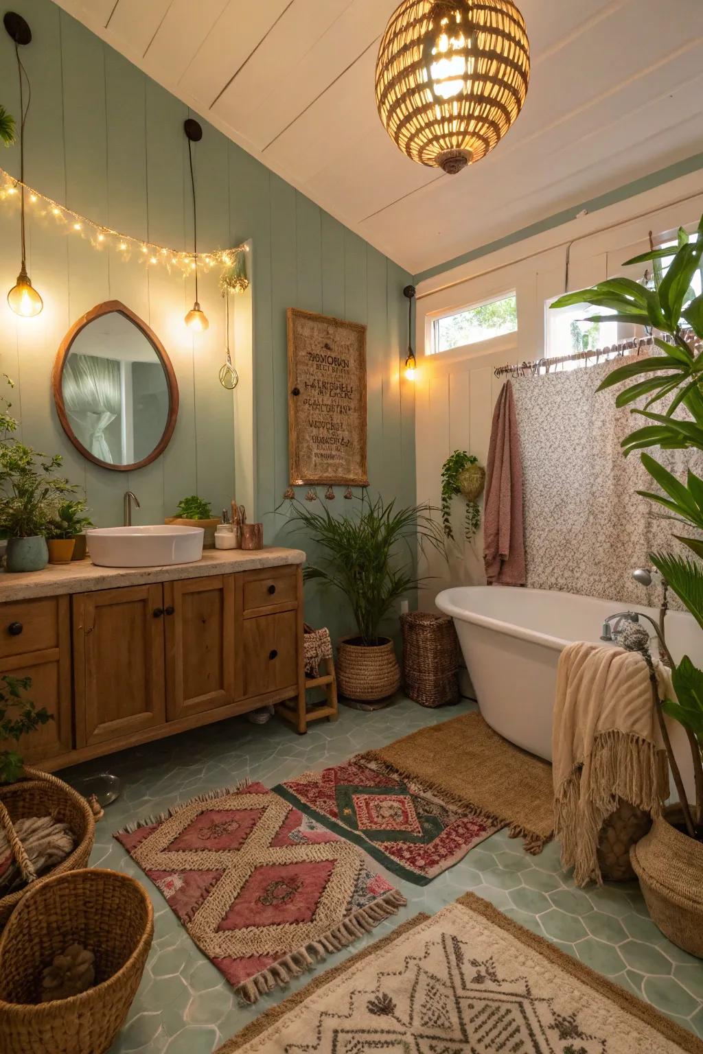 A cozy boho bathroom illuminated using warm pendant lights.