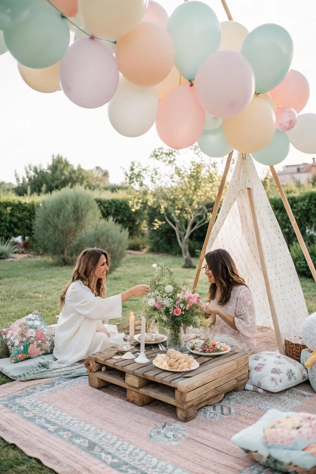 Whimsical balloons add a playful element to the boho brunch decor.