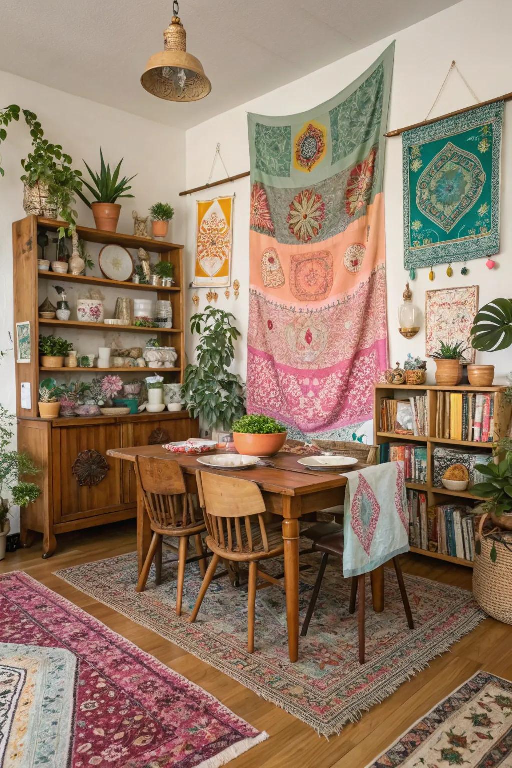 Personal touches employing vintage decor in a boho dining space.