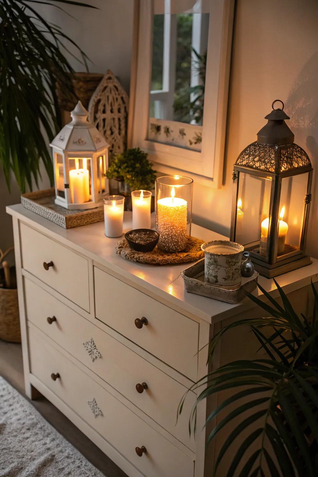Candles and lanterns cast a soft, inviting glow upon this boho dresser.