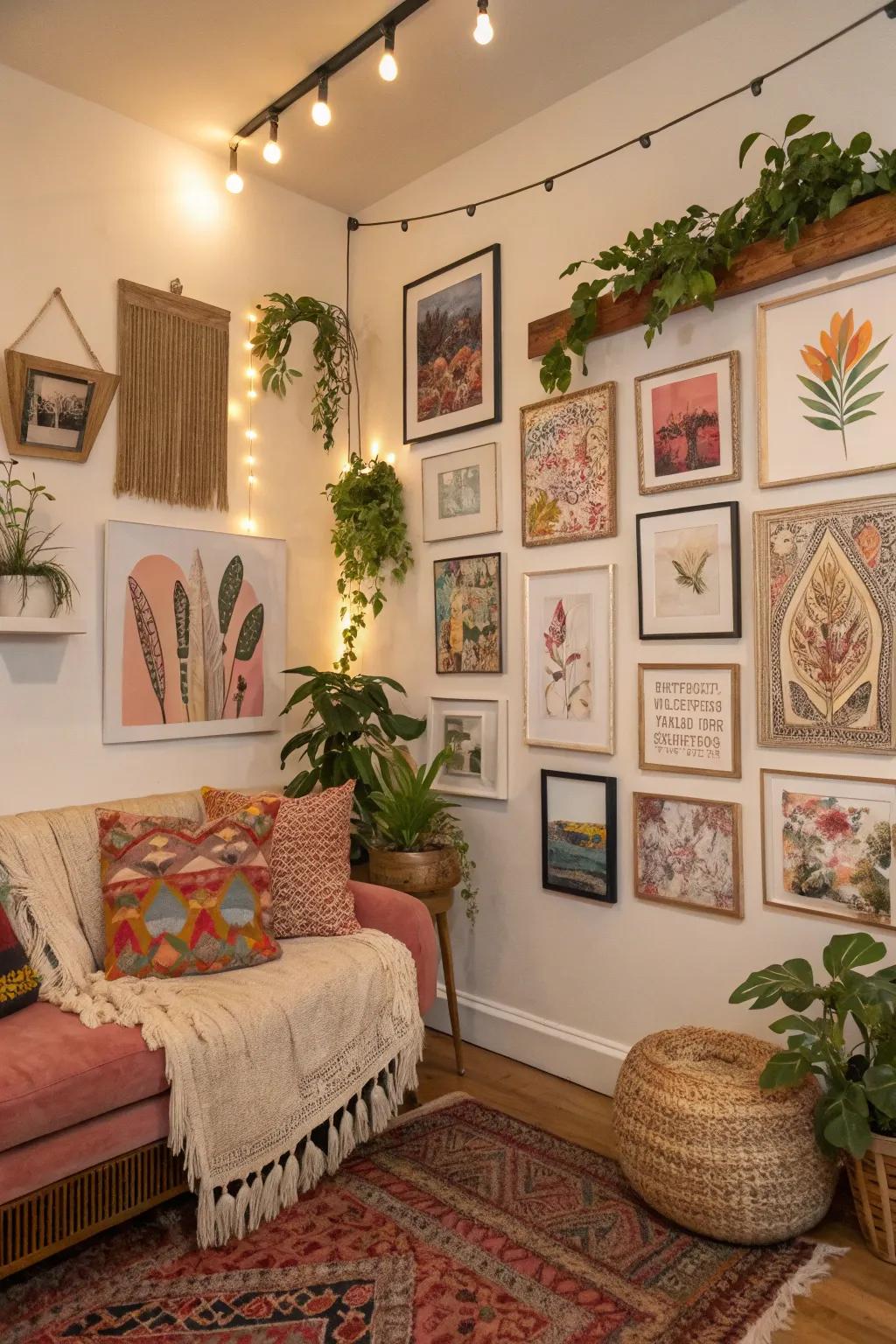 An assorted gallery wall serves as a resourceful articulation of aesthetic and taste.