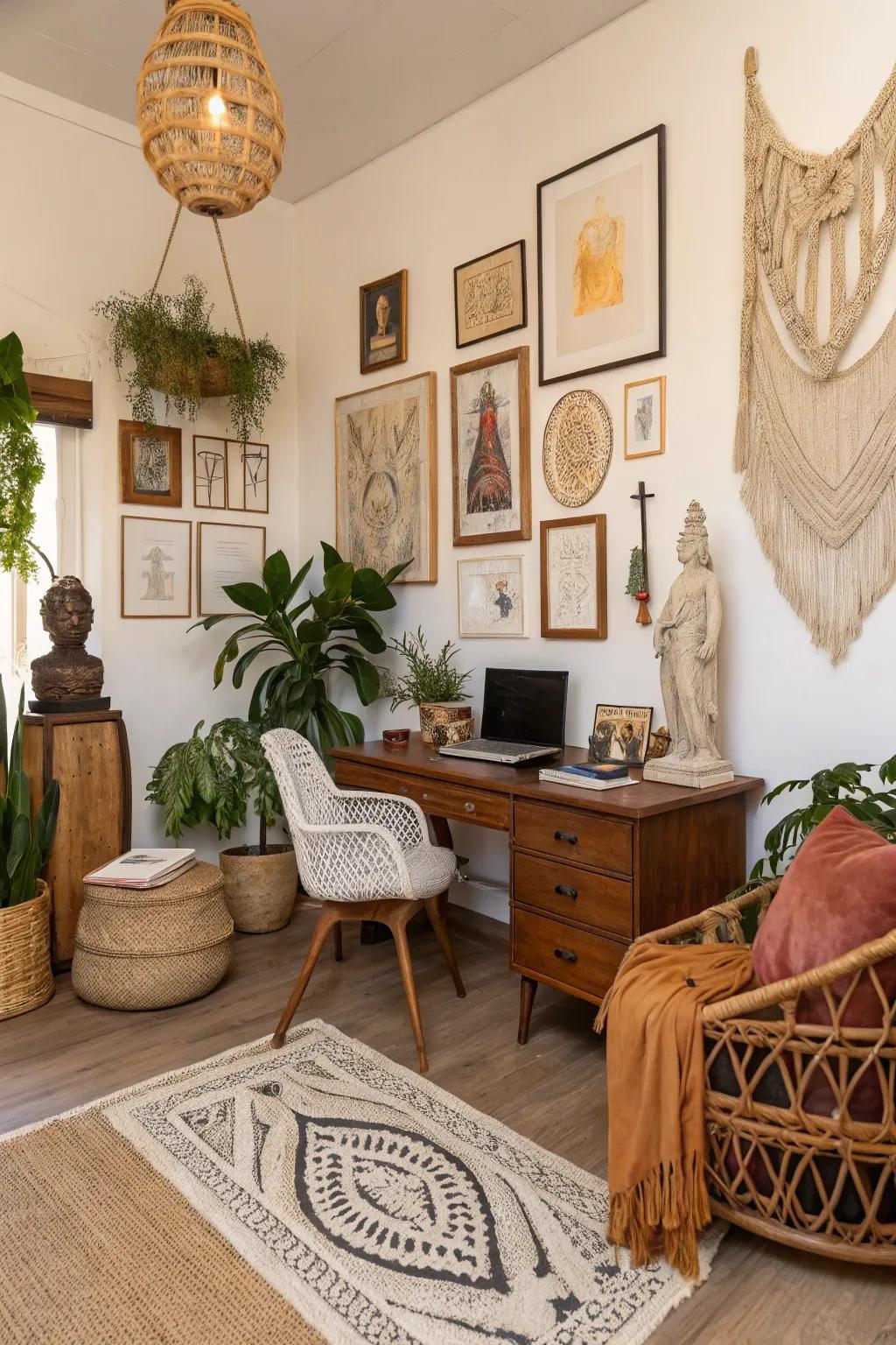 Diverse decor items add a unique cultural touch to the office.