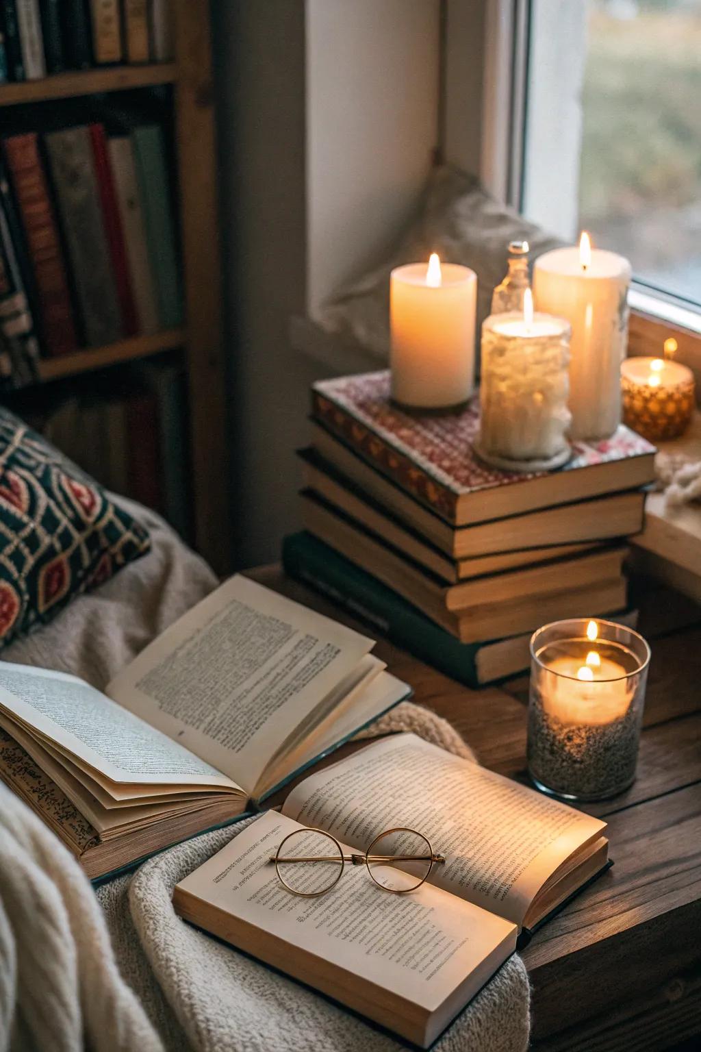 A candlelit corner creates a warm and inviting nook with books.
