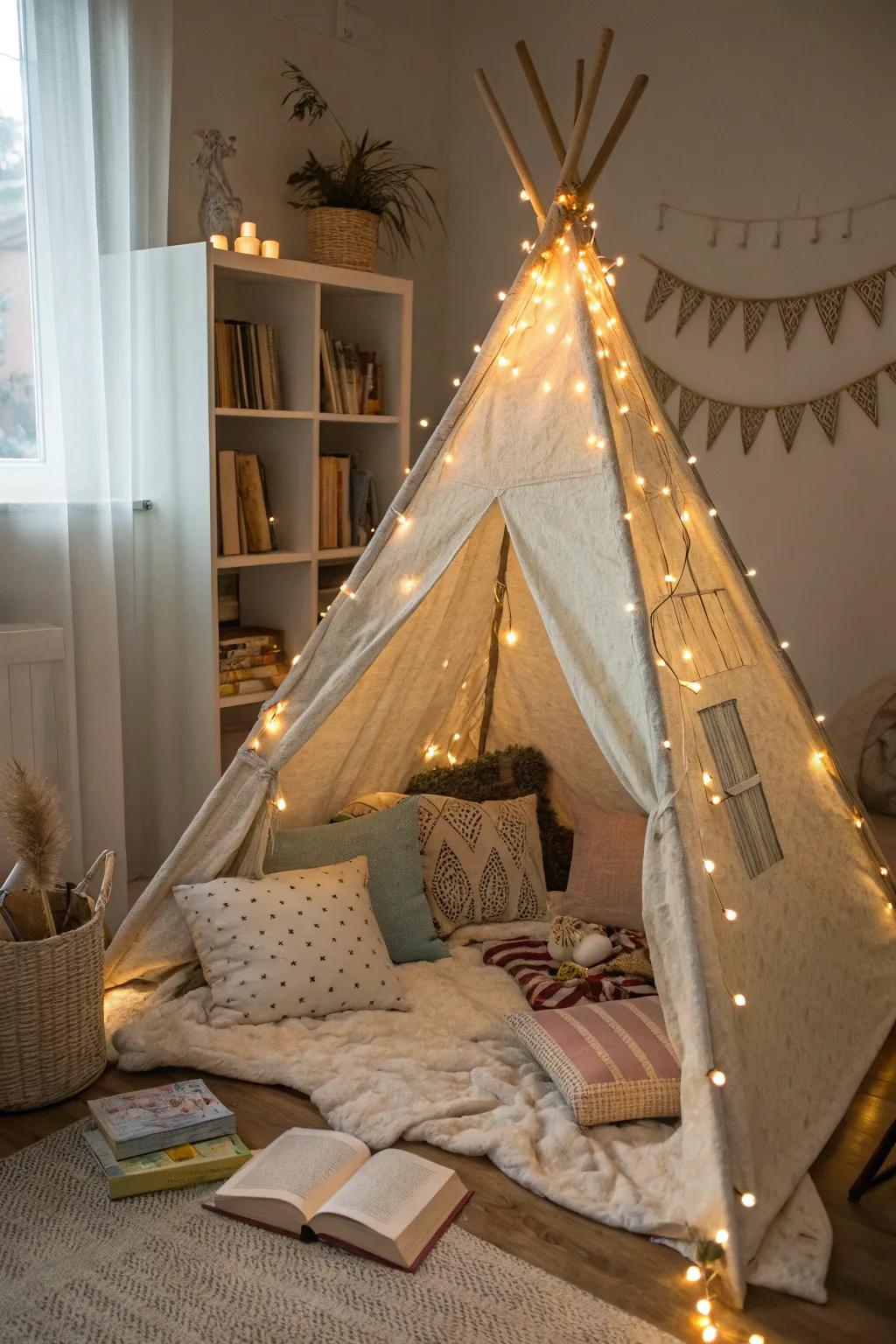 A teepee tent nook, delivering a magical reading getaway.