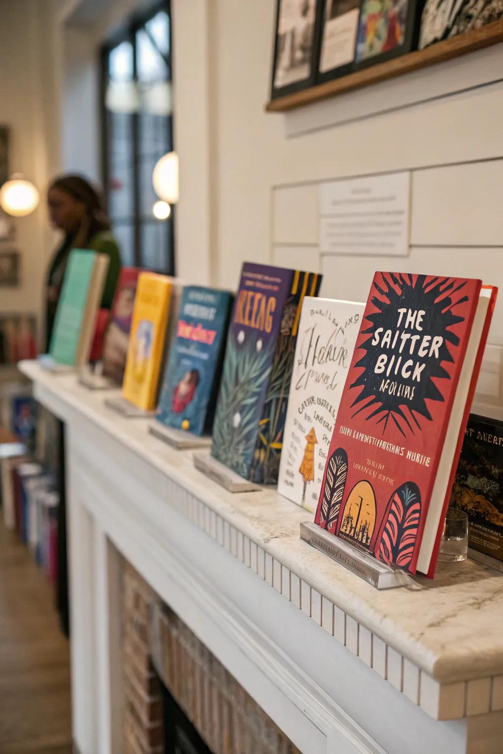 Using book covers as art creates a literary display.