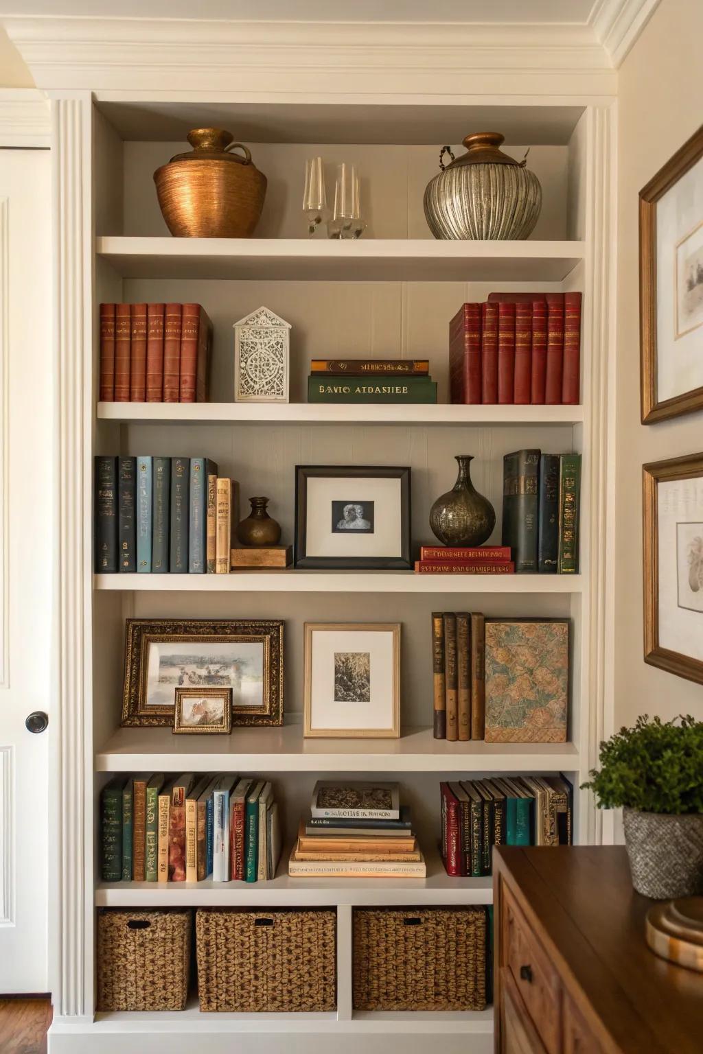 Symmetry across a shelf establishes a balanced and harmonious showcase.
