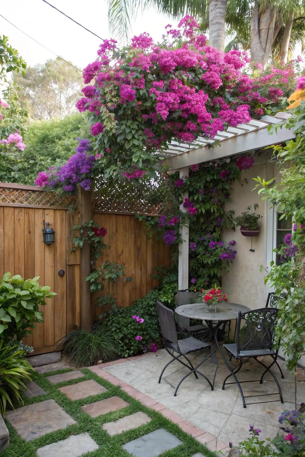 A backyard is made private by a vibrant bougainvillea screen.