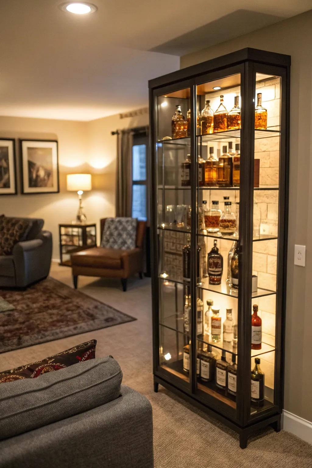 A glass display case elegantly highlights your bourbon collection.