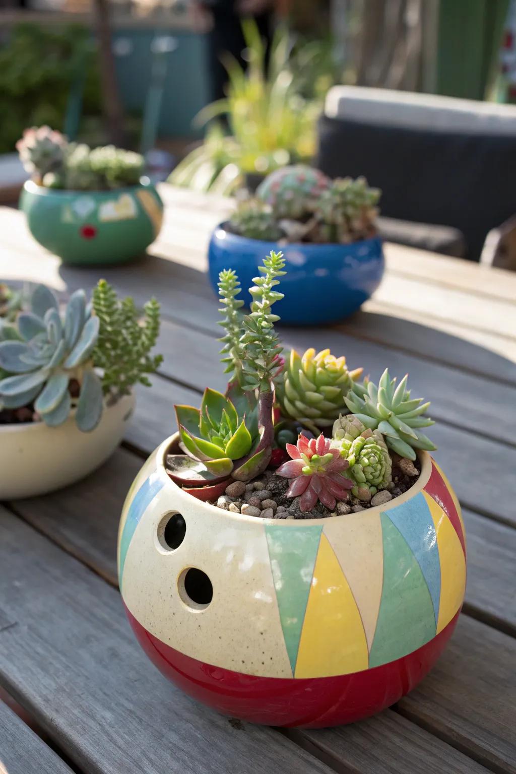 An unconventional bowling sphere planter centerpiece featuring succulents.