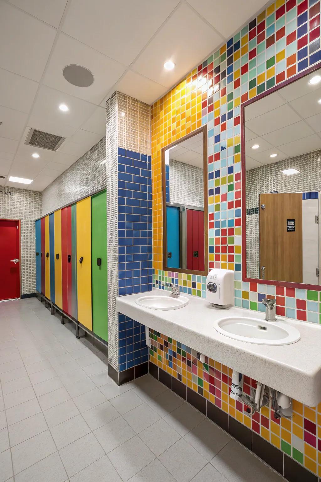 Multihued mosaic floor covering add vibrancy to a boys' bathroom.