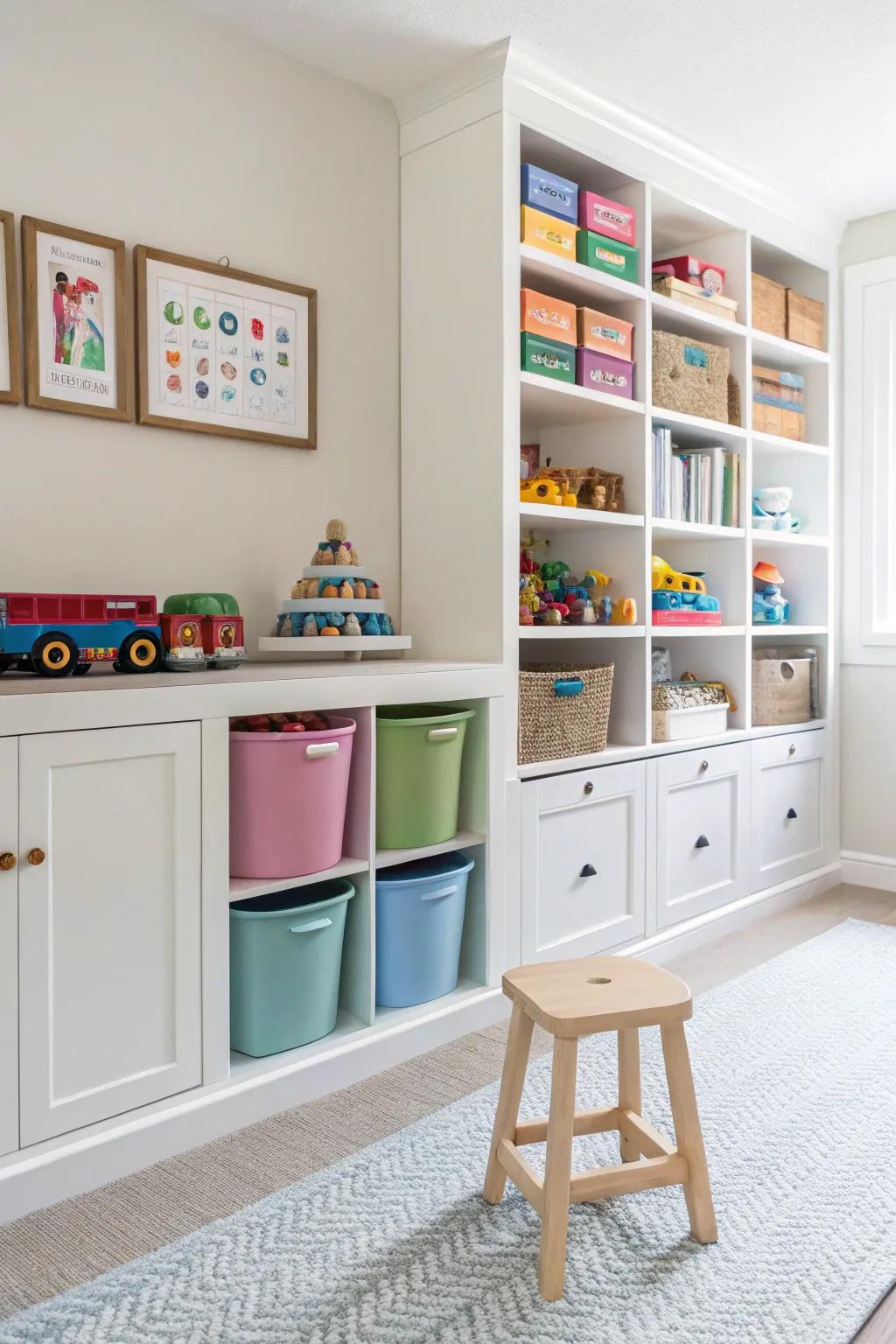 Bespoke storing capabilities, promoting a highly neat playroom sector.