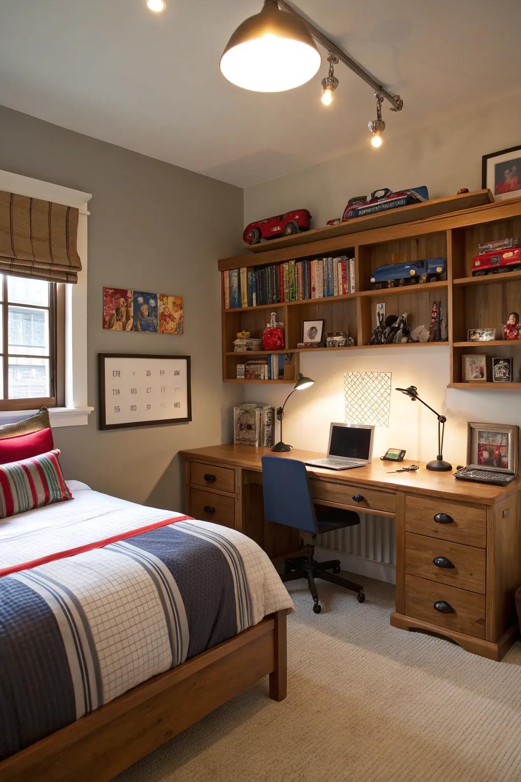 Varied lighting solutions improve the room's utility.