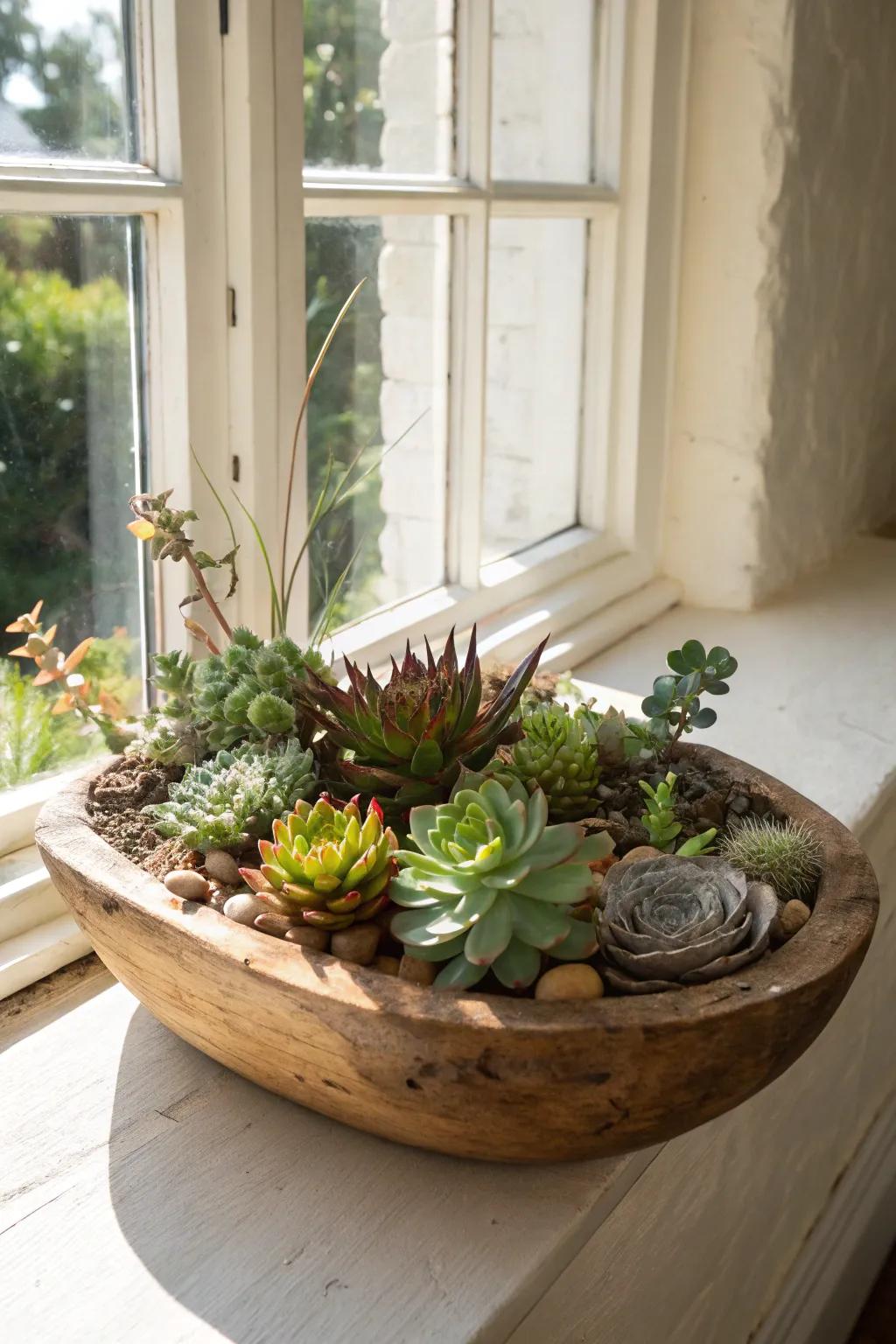 Modern minimalism using succulents in a bread bowl