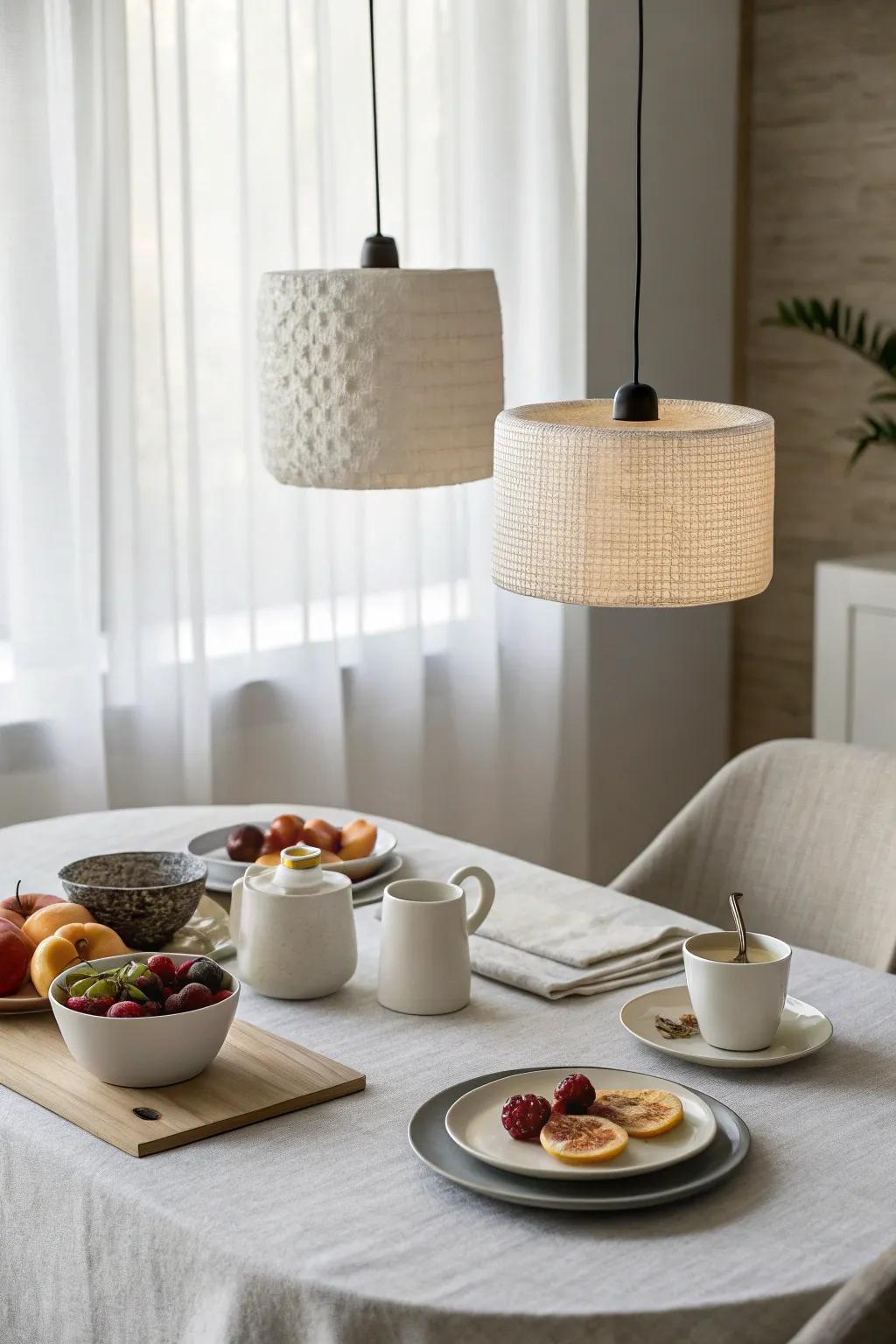 Modest tube pendants presenting a polished aesthetic to a breakfast table.