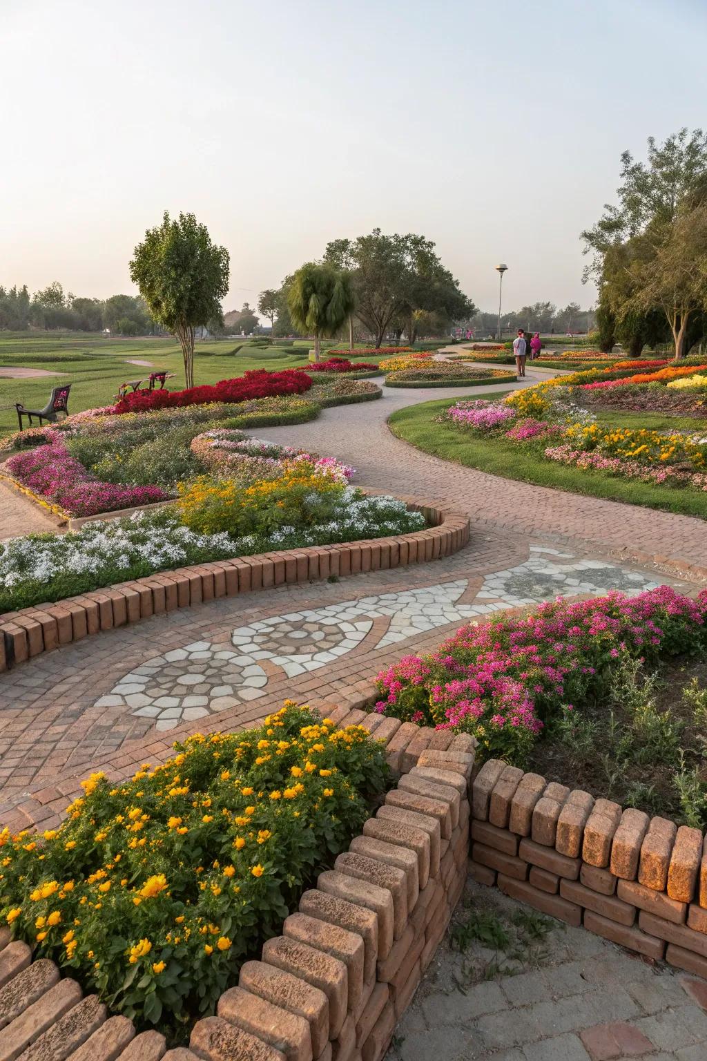Different brick types impart unique personality to flower beds.
