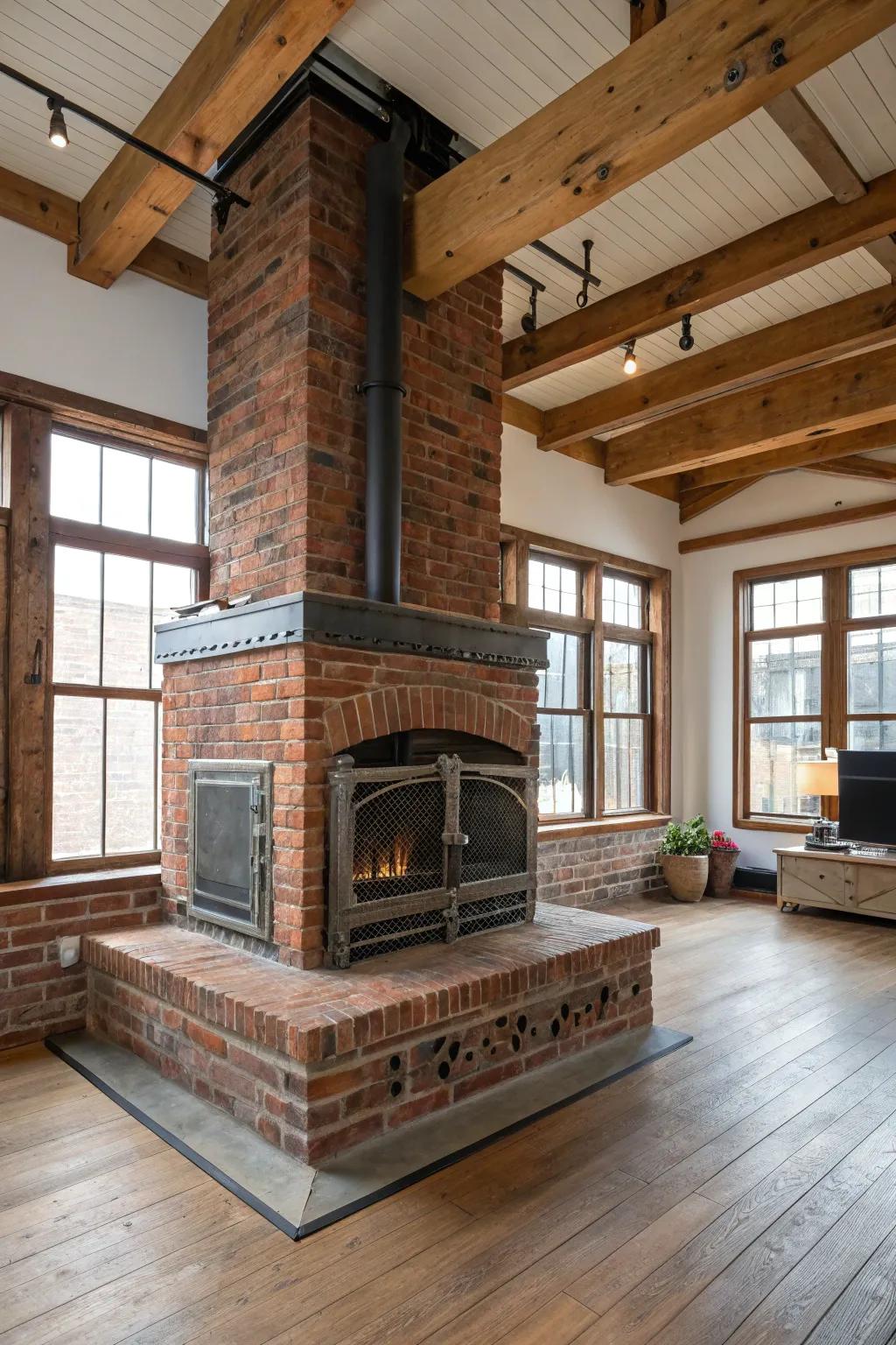 A brick hearth with metal accents, giving an industrial touch to the space.