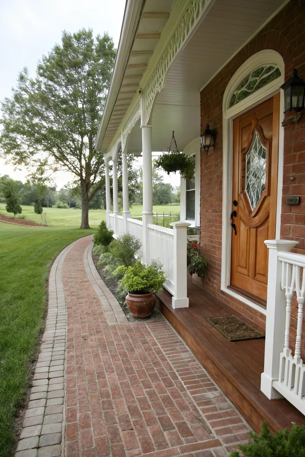 A brick walkway creates a seamless transition to this inviting porch.