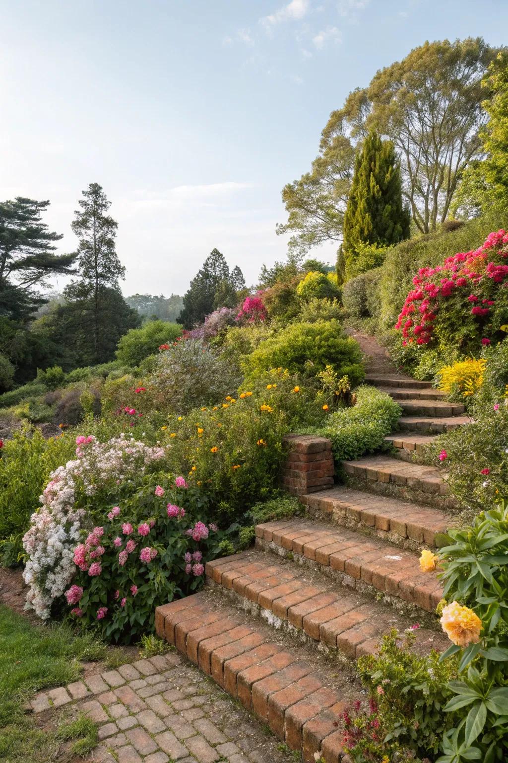 Brick steps harmoniously fused into a garden.