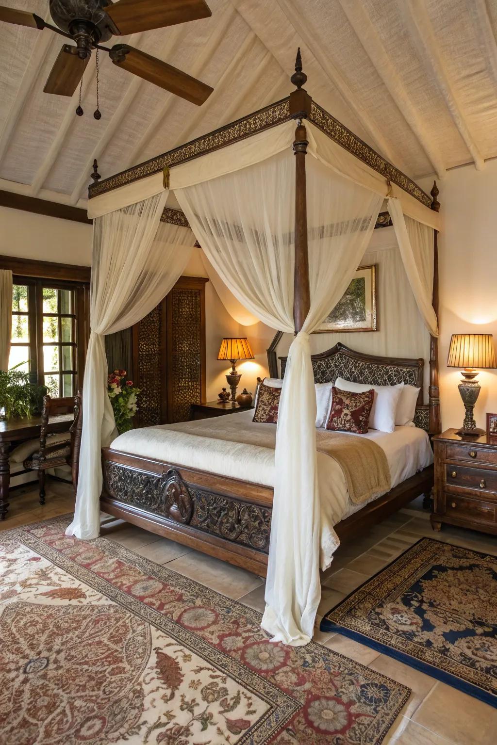 A canopy bed infuses elegance and dramatism into the sleeping quarters.