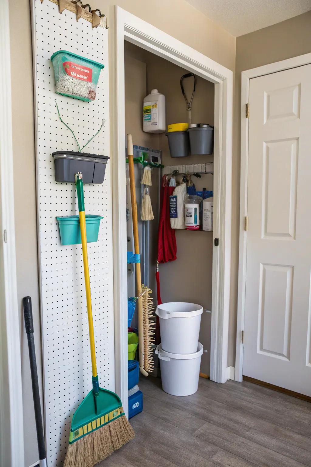 For organizing your broom closet, pegboards are a versatile option.