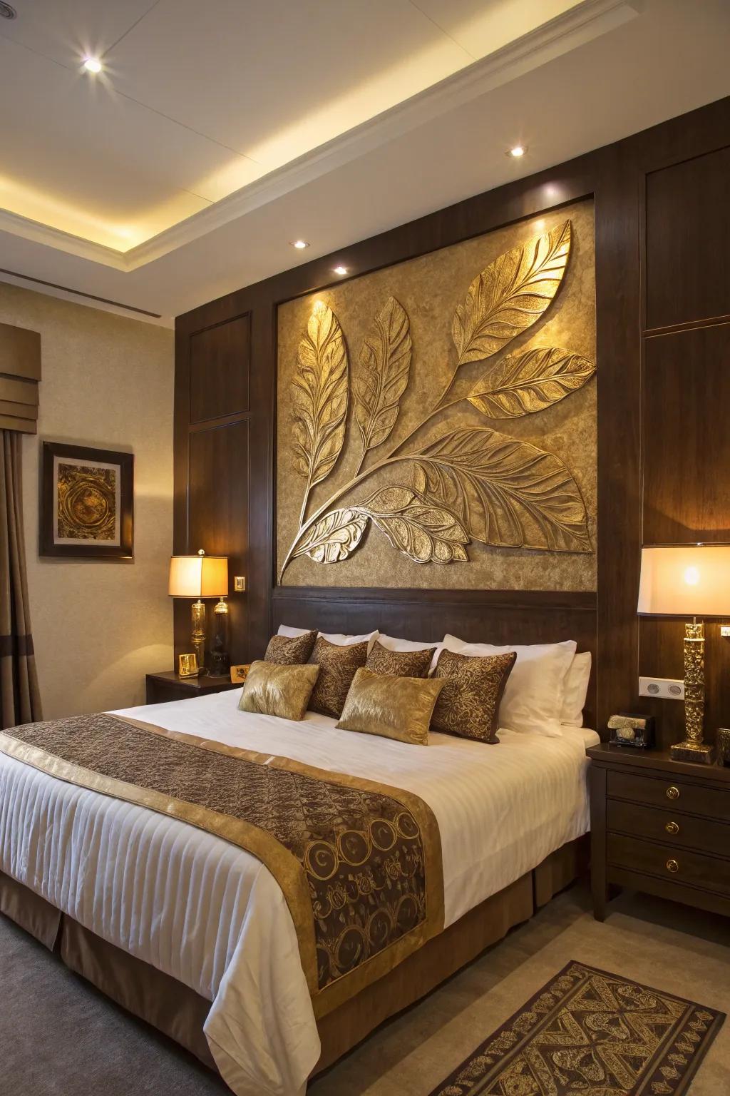 Gilded leaf art becomes a striking focal point in the room.