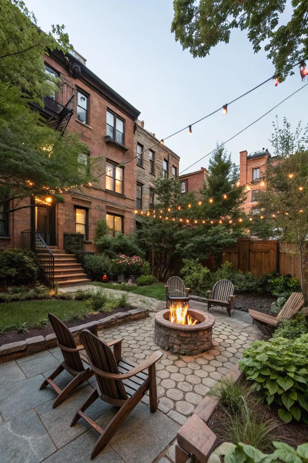 A fire pit creates a welcoming gathering spot in the backyard.