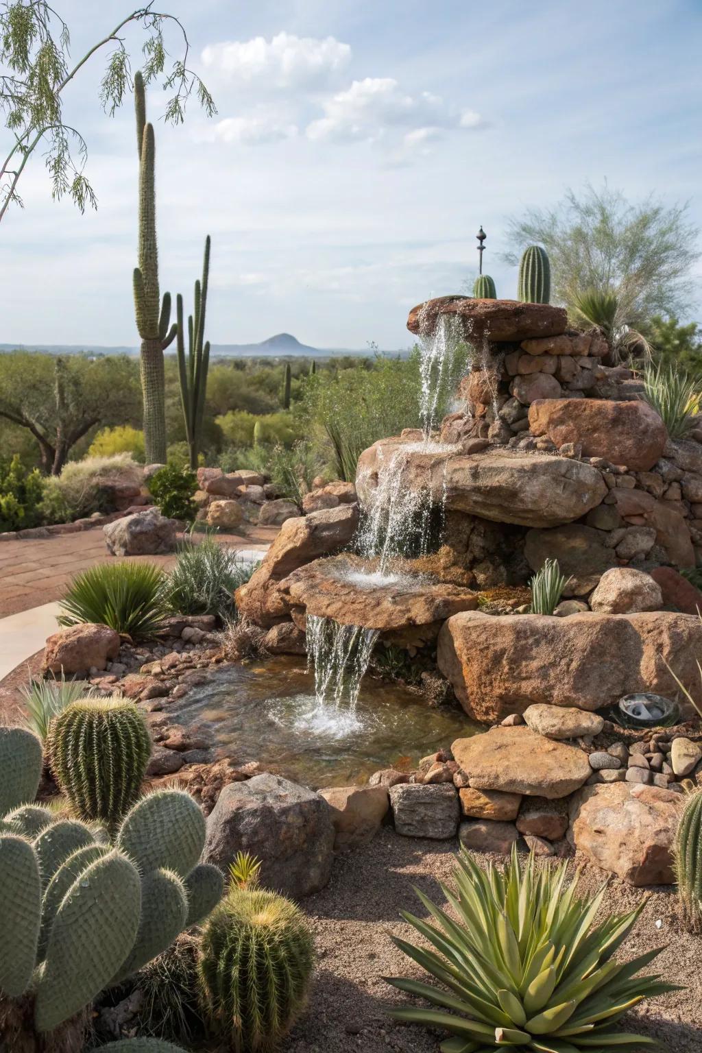 Desert plants establish a striking and easy-to-maintain fountain landscape.