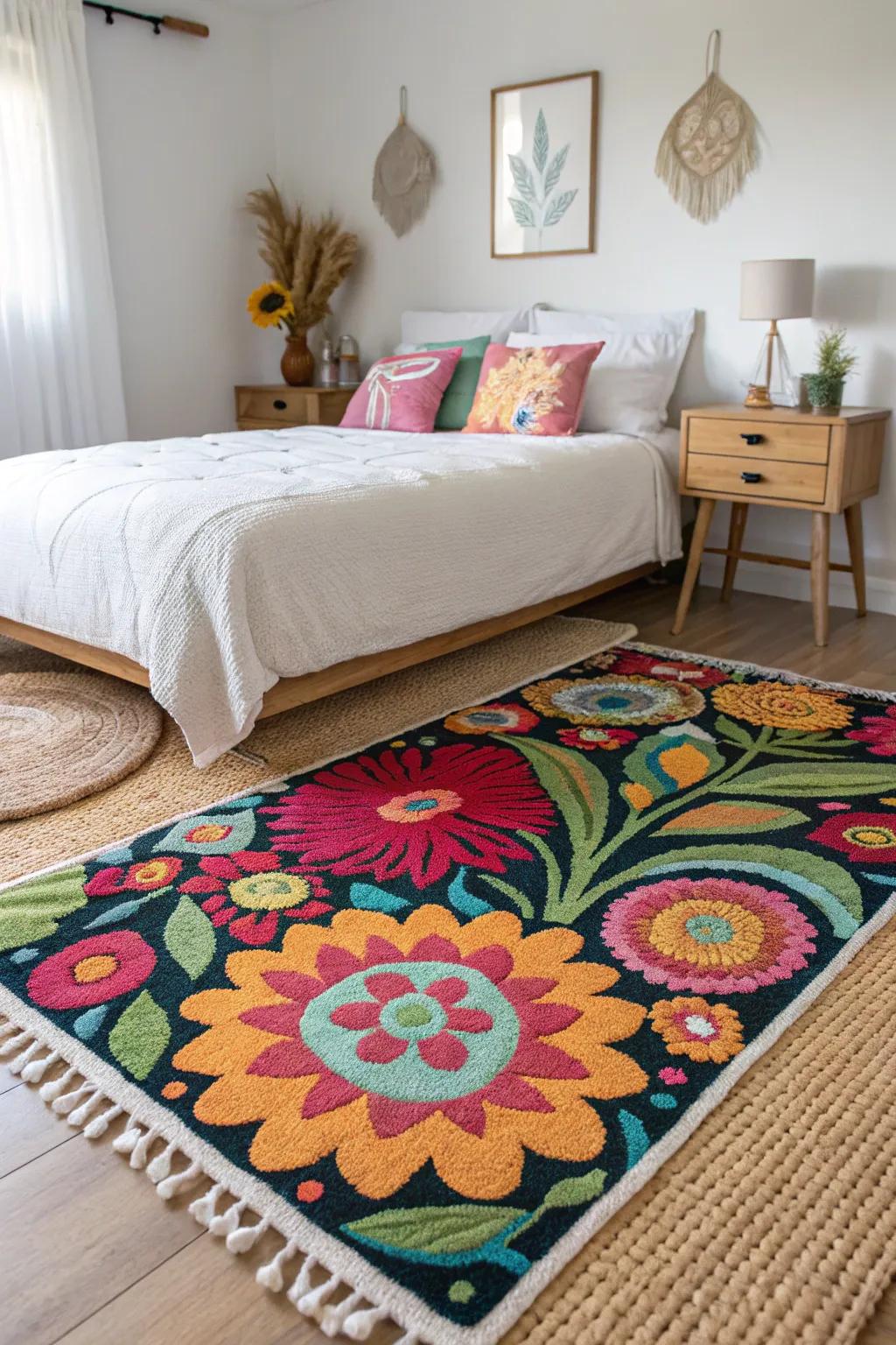 An active rug makes the bedroom feel warm and spacious.
