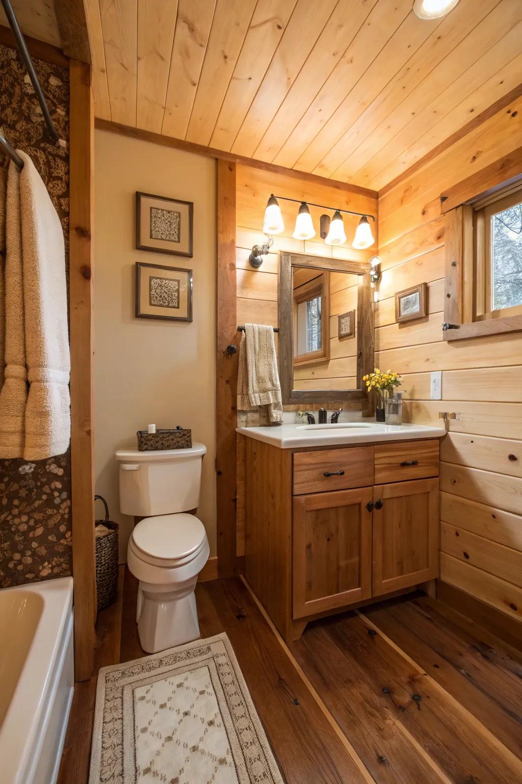 Wood textures impart warmth and natural charm to your bathroom.