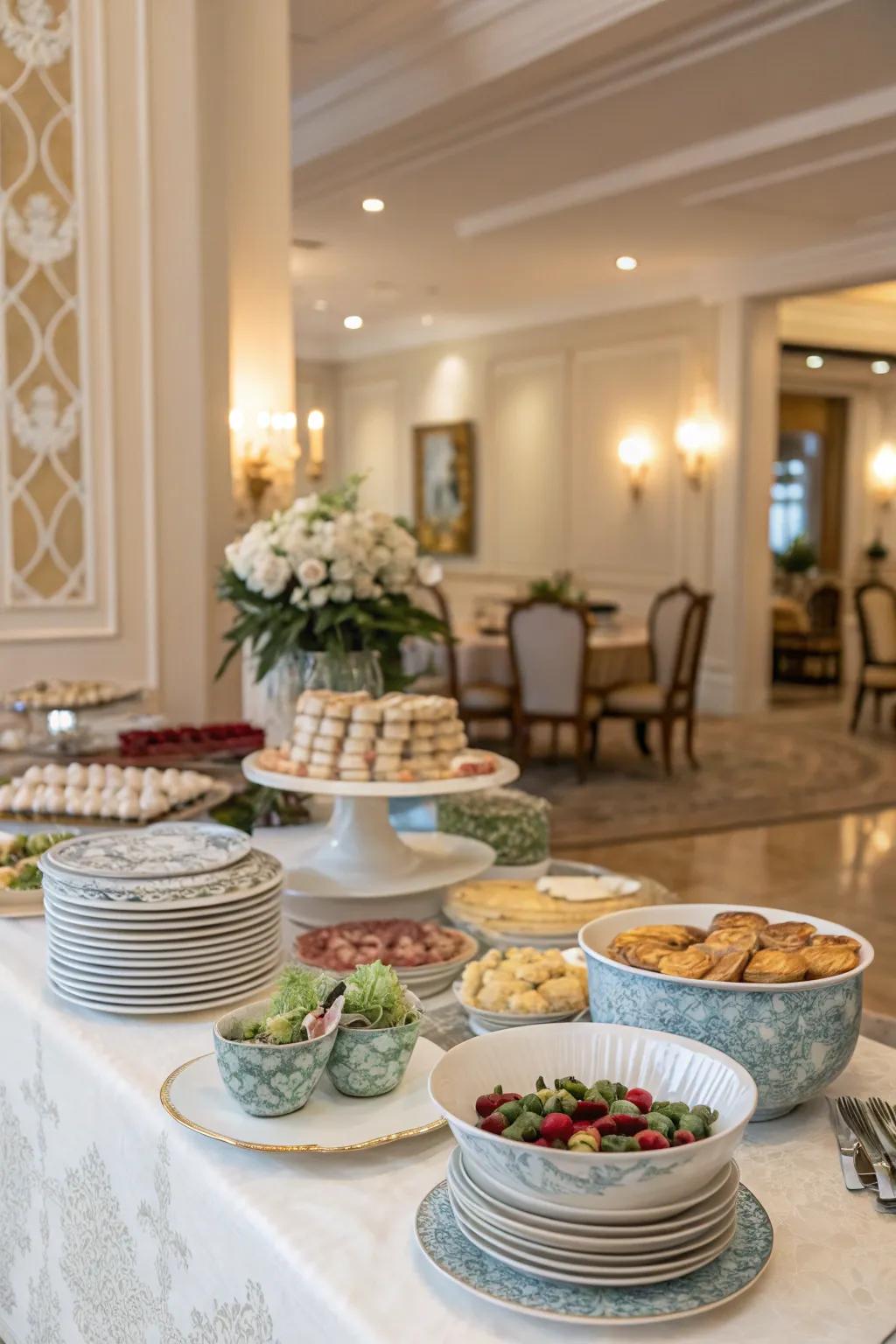 Decorative dishware enriches your buffet’s visual appeal.