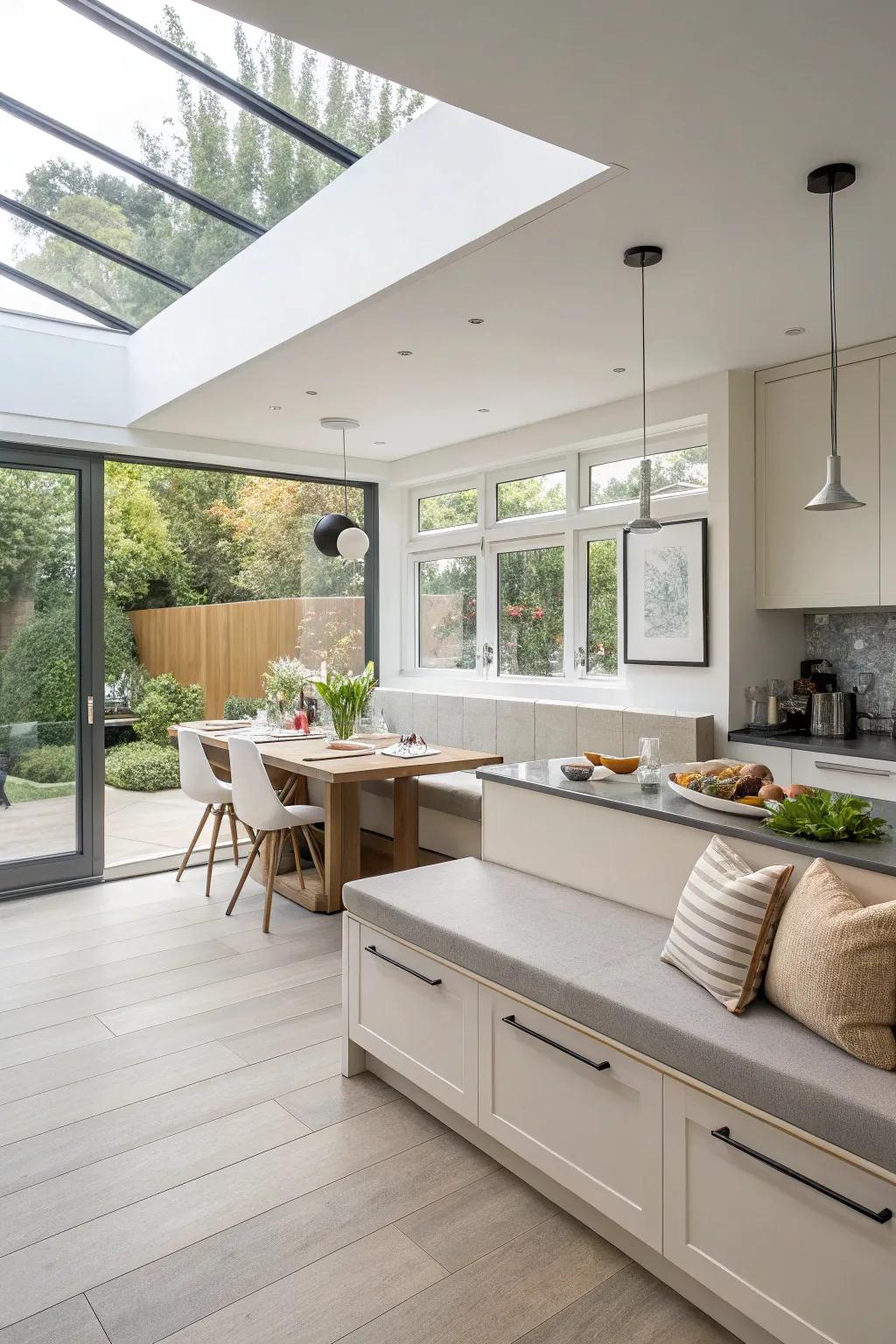 A wall-mounted banquette design that maximizes the sense of space.
