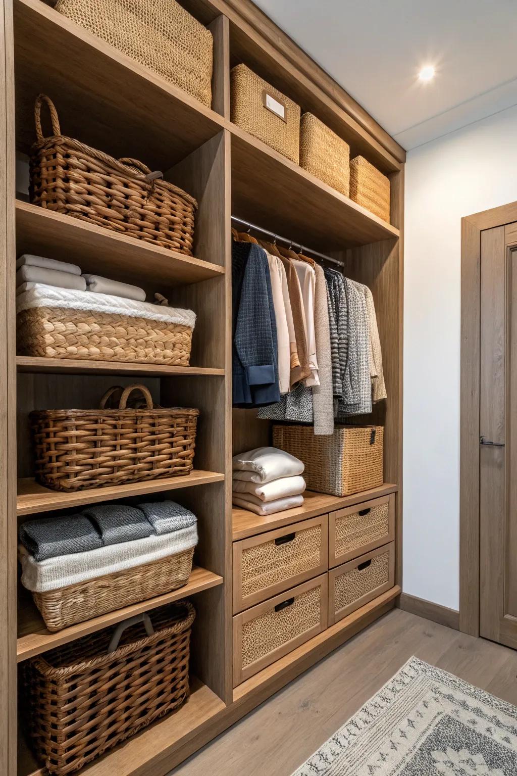 Woven baskets offer fashionable and practical storage.