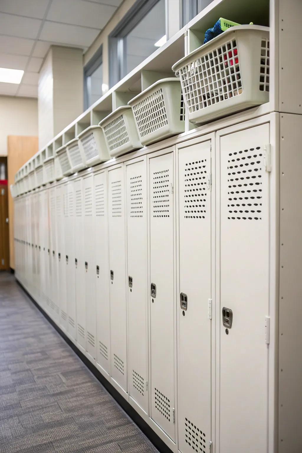 Additional storage by using containers on top of integrated lockers.