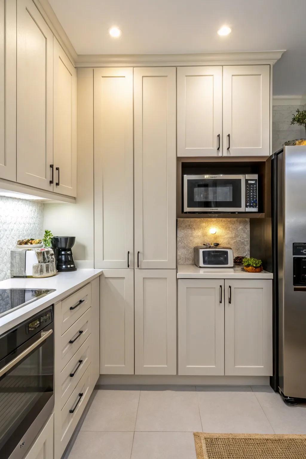 A wave oven concealed behind sleek cabinet doors.
