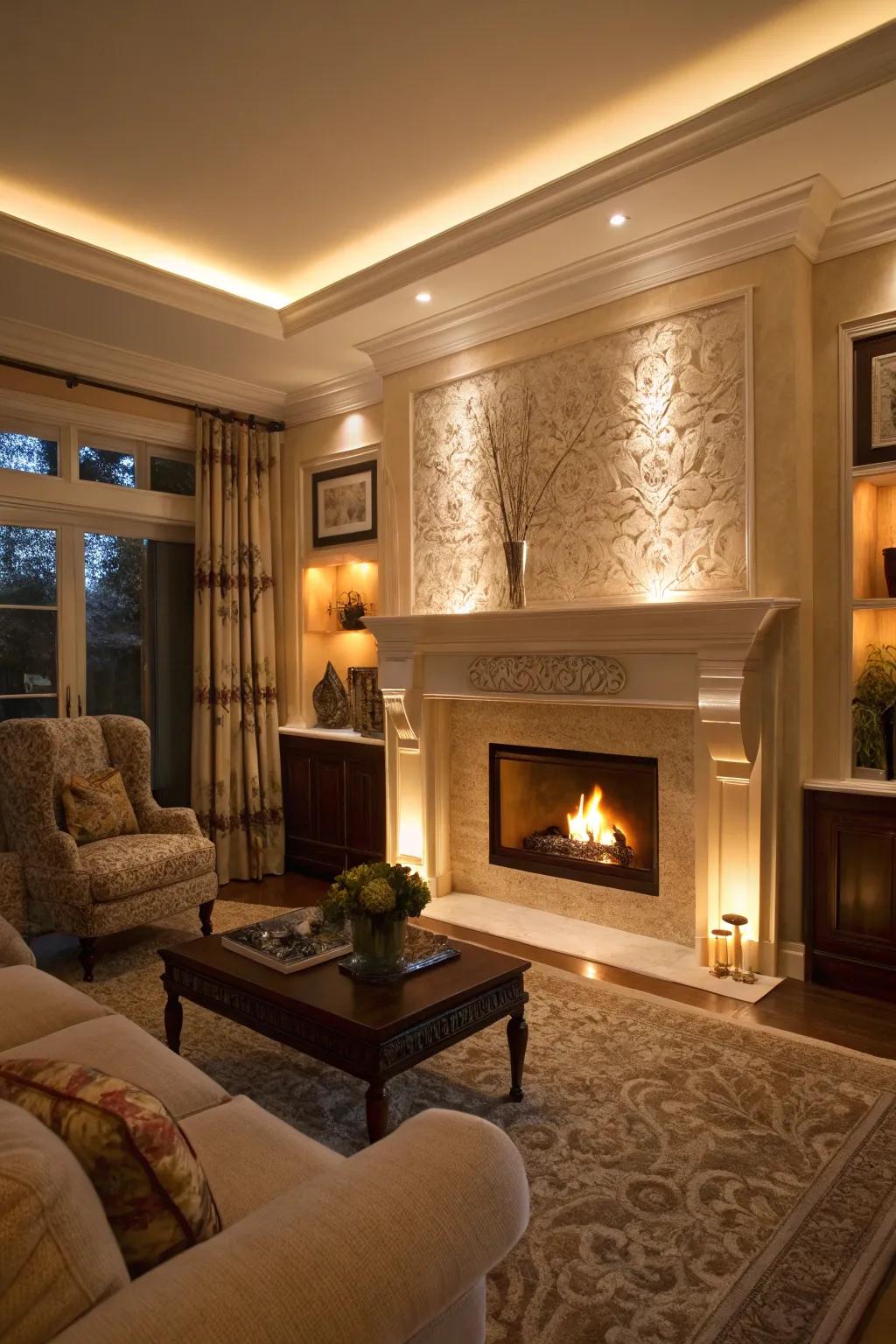 Illumination enhances the beauty of fireplace built-ins.