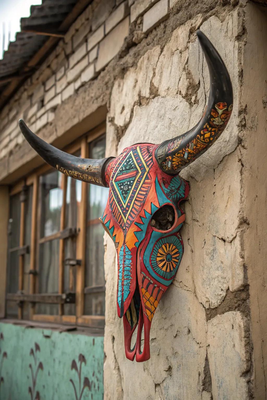 Vibrantly painted cow skull including character.