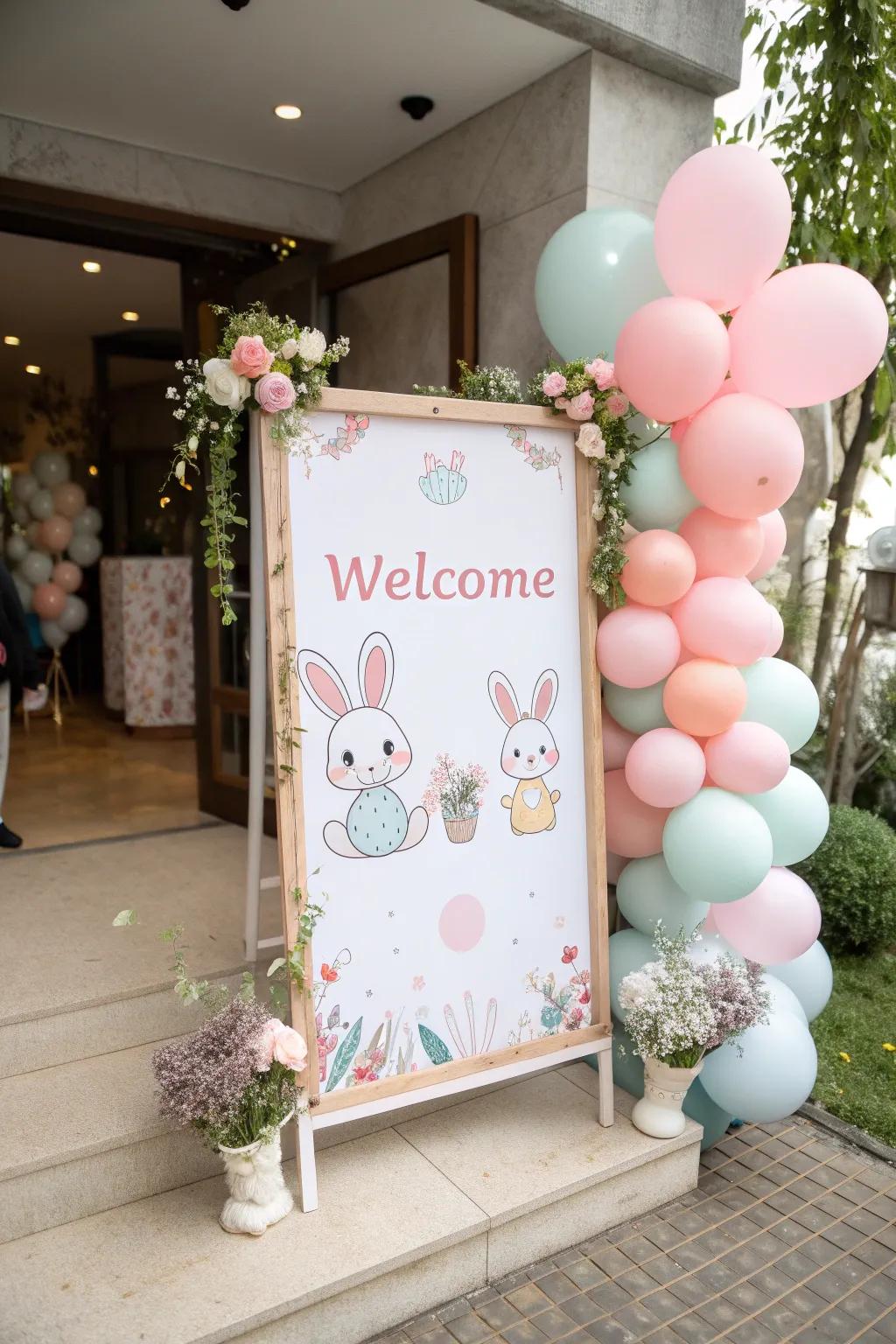 A welcoming rabbit-themed display greets guests at the entrance.