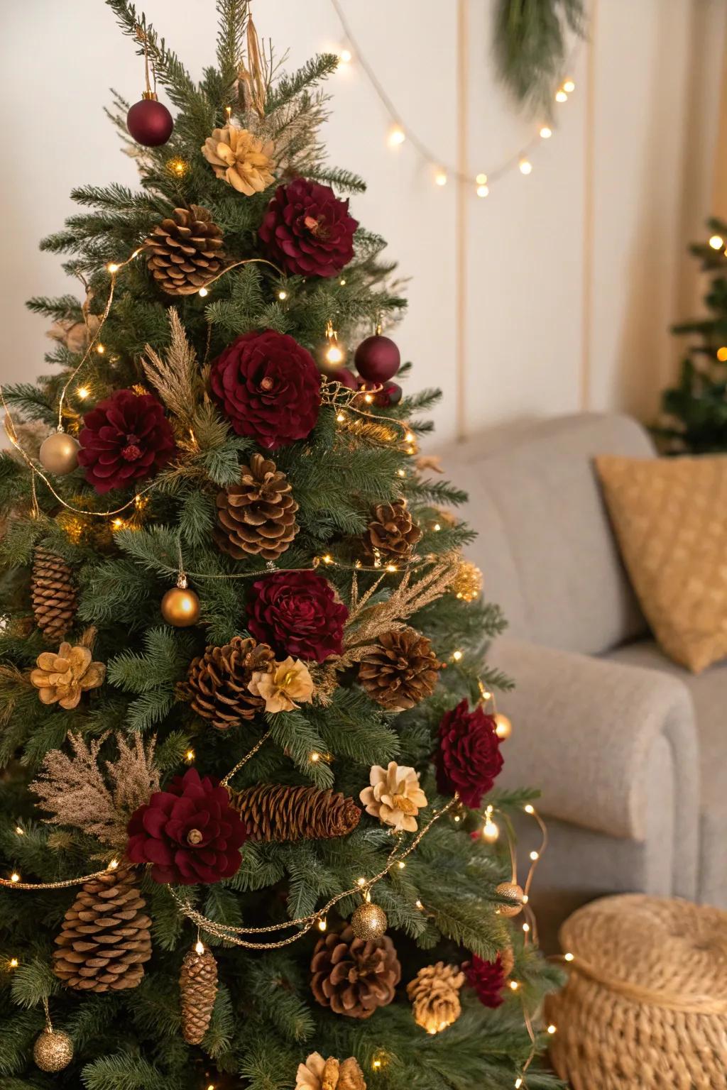 Organic elements bring a rustic charm to the tree.