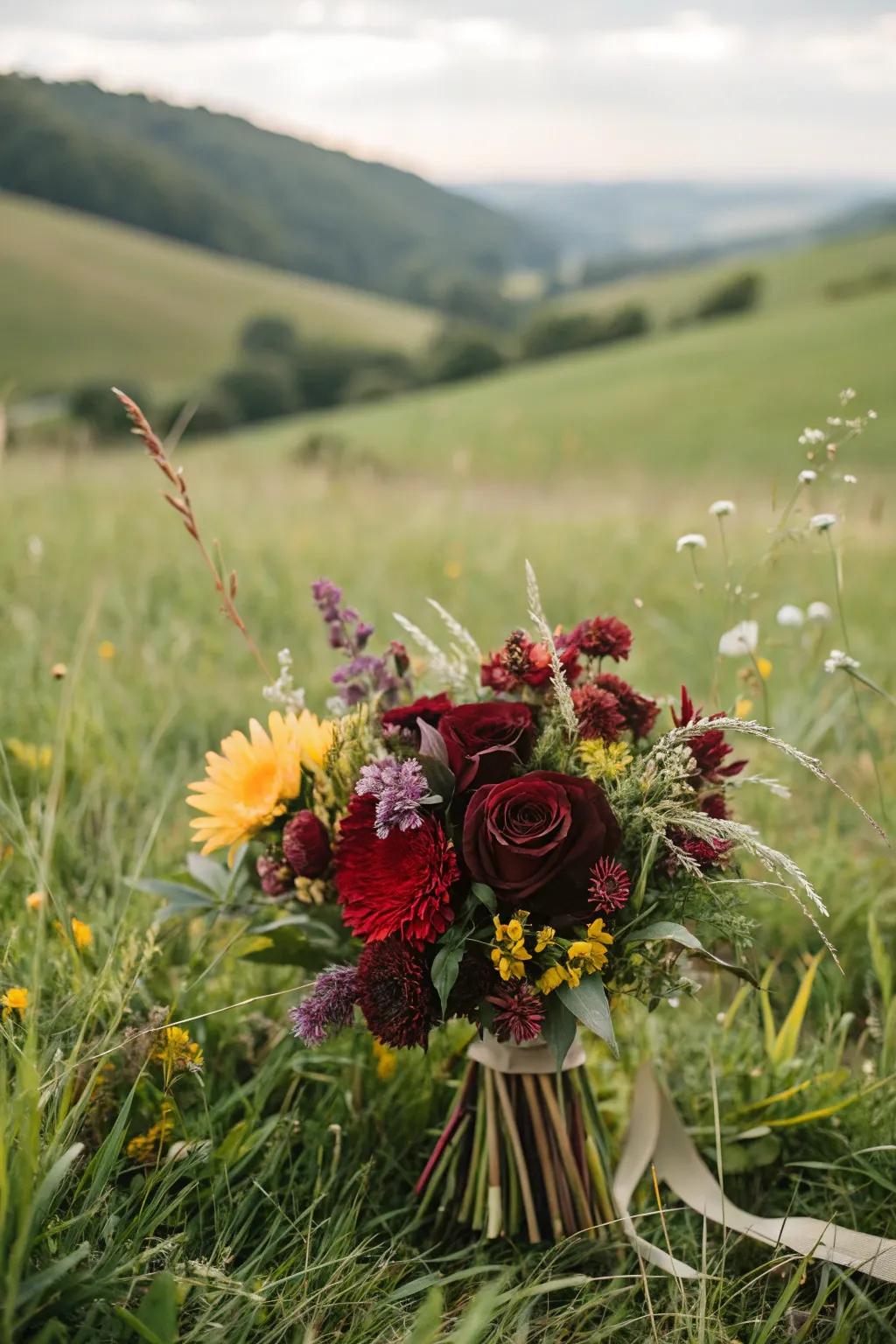 Deep red bouquet accented with wildflower touches.