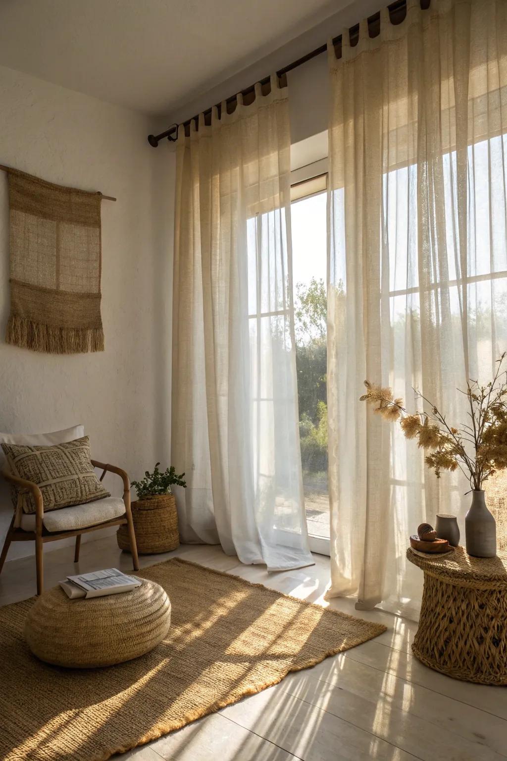 Light and airy featuring layered hessian and sheer drapes.