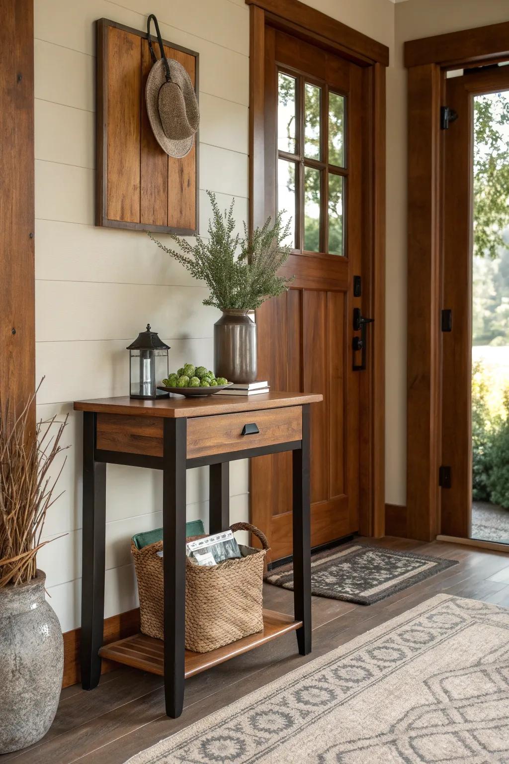 Elevate your entryway with a charming timber block accent table that blends function and aesthetic.
