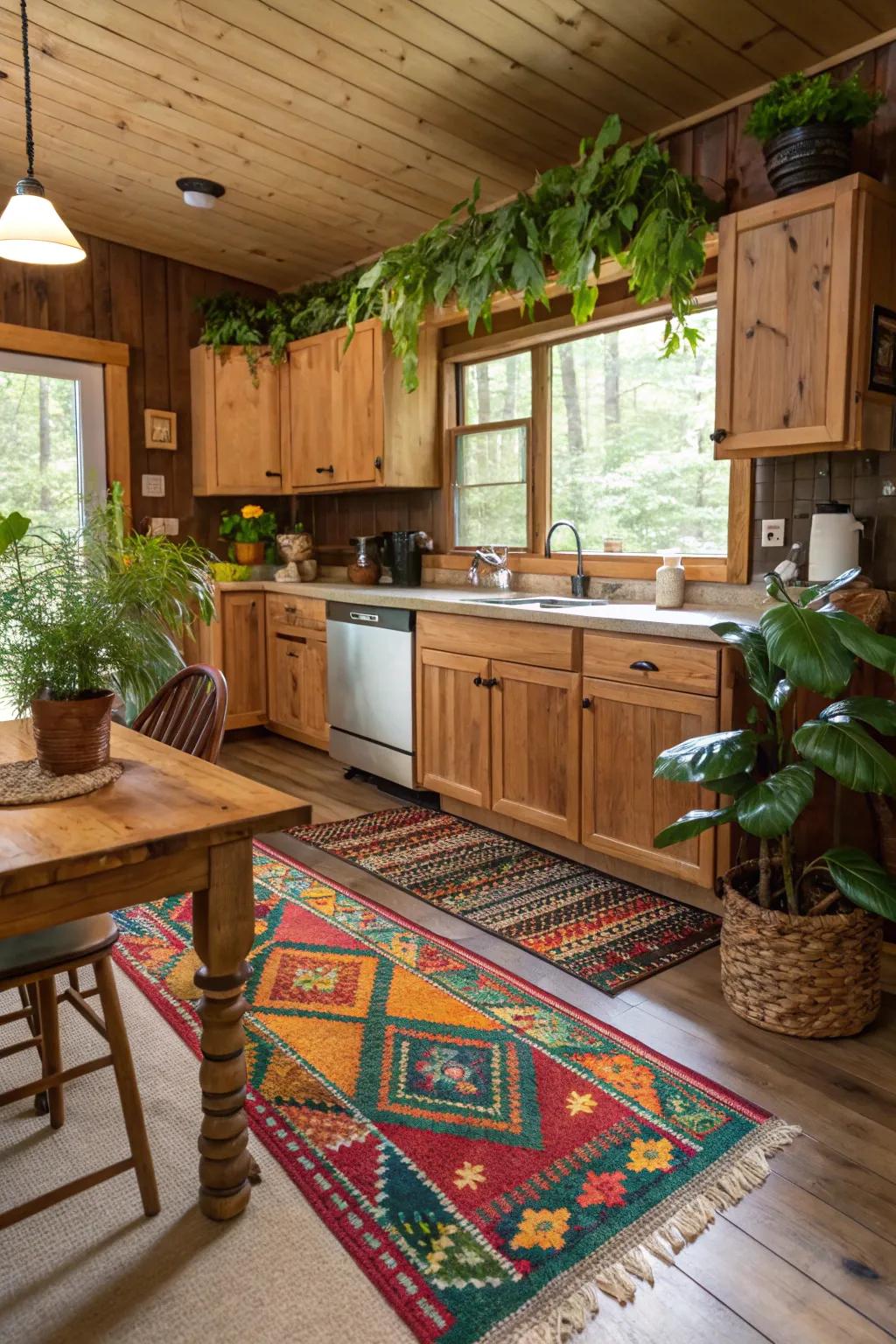 Mats and flora add comfort and panache to a cabin kitchen.