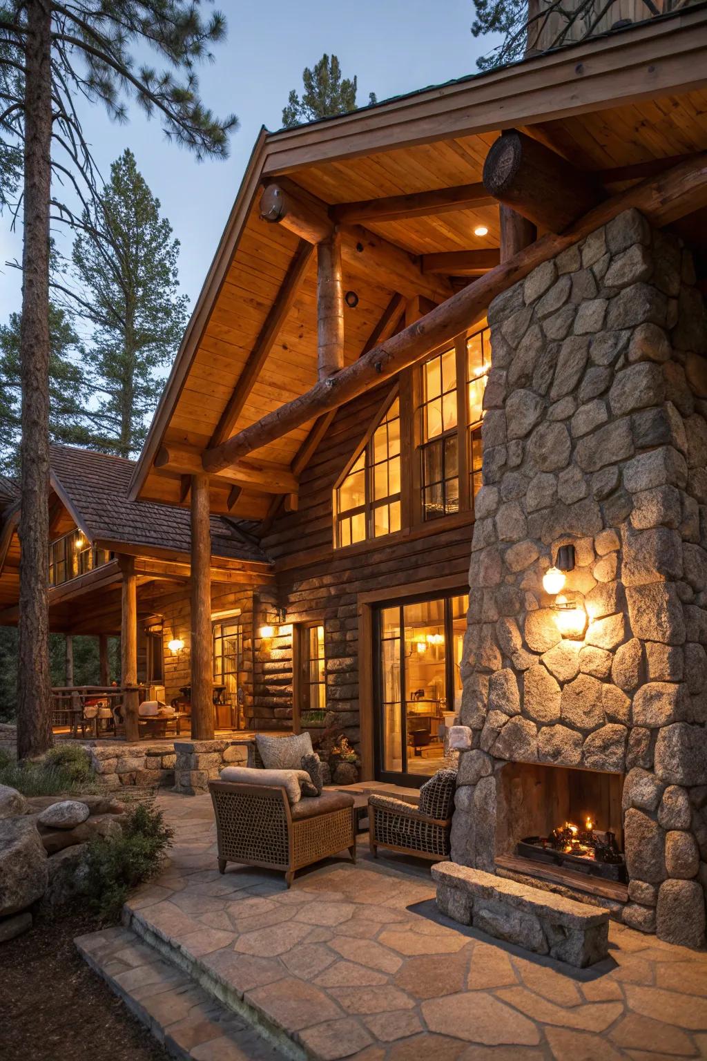 Lights matching wood and stone aspects in a cabin interior.
