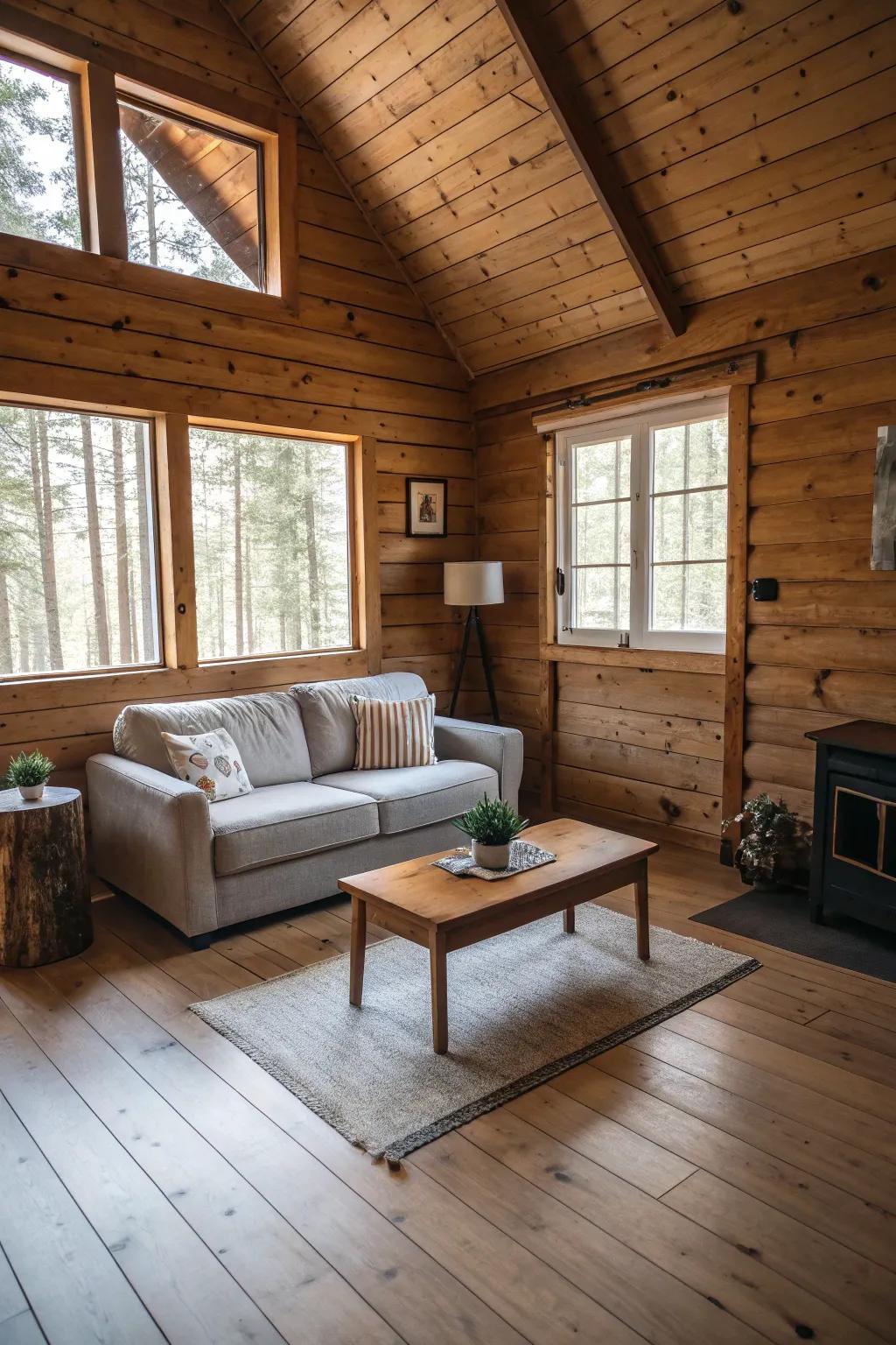 Understated furniture emphasizes the cabin's spacious atmosphere.