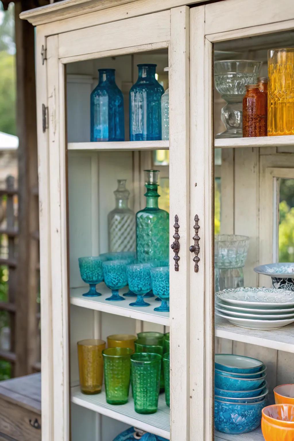 Glass-front cabinets beautifully show off old servingware.