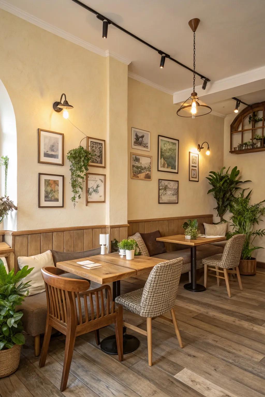 Unbiased and earthy tones fashion a calming atmosphere in your home cafe.